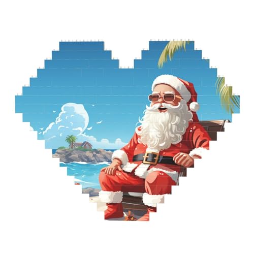 DWVTFSM Weihnachtsmann am Strand, Baustein-Puzzle, herzförmig, personalisierbar, Foto-Bausteine, Puzzle, Familien-Andenken, DIY, romantische Heimdekoration von DWVTFSM