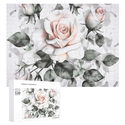 Großes Holzpuzzle, Weihnachtspuzzle, Erwachsene, herausfordernde Puzzles, weißes Aquarell-Blumen-Rose, gedrucktes Puzzle (520 Teile) von DWVTMNS