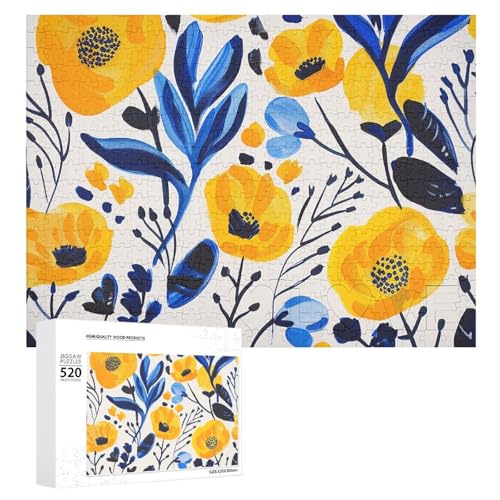 Großes Holzpuzzle Weihnachten Puzzle Puzzles Erwachsene Herausfordernde Puzzles Gelbe und Blaue Blumen Gedruckt Jigsaw Puzzles (520 Teile) von DWVTMNS