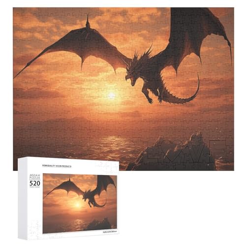 Großes Holzpuzzle Weihnachtspuzzle Puzzles Erwachsene Herausfordernde Puzzles Meer Sonnenuntergang Fliegender Drache Gedruckte Puzzles (520 Teile) von DWVTMNS