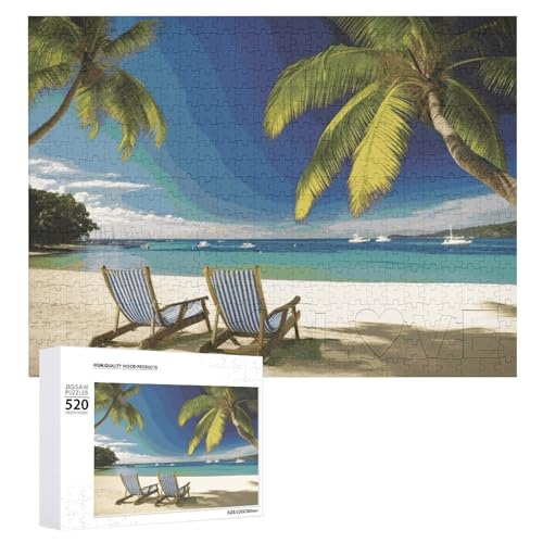 Großes Holzpuzzle Weihnachtspuzzle Puzzles Erwachsene Herausfordernde Puzzles Strand Palme Stühle Boote Bedruckte Puzzles (520 Teile) von DWVTMNS