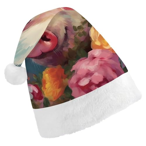 DWVTSLH Weihnachtsmütze, Gemälde, Blume, Schweine, bedruckt, Weihnachtsmannmütze, weicher und bequemer Samt, verdickte Weihnachtsmütze, geeignet für Weihnachten, Neujahr, Urlaub, Partyzubehör von DWVTSLH
