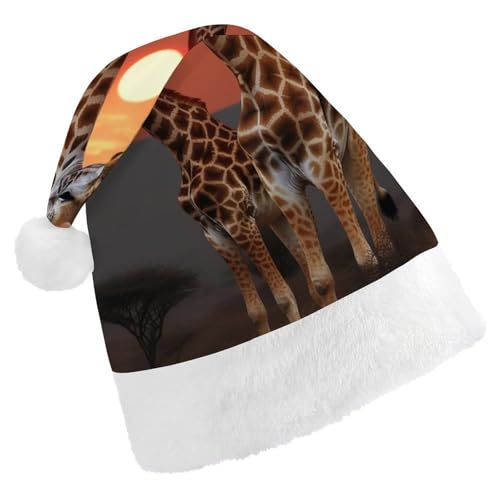 DWVTSLH Weihnachtsmütze, Giraffe bei Sonnenuntergang, bedruckt, Weihnachtsmannmütze, weicher und bequemer Samt, verdickte Weihnachtsmütze, geeignet für Weihnachten, Neujahr, Urlaub, Partyzubehör von DWVTSLH
