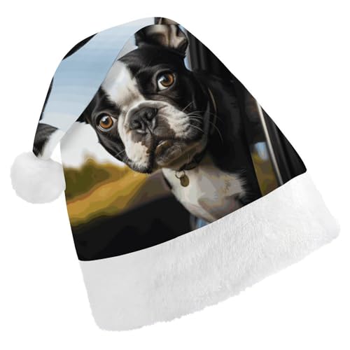DWVTSLH Weihnachtsmütze, Welpe, Hund, Boston Terrier, bedruckt, Weihnachtsmannmütze, weicher und bequemer Samt, verdickte Weihnachtsmütze, geeignet für Weihnachten, Neujahr, Urlaub, Partyzubehör von DWVTSLH