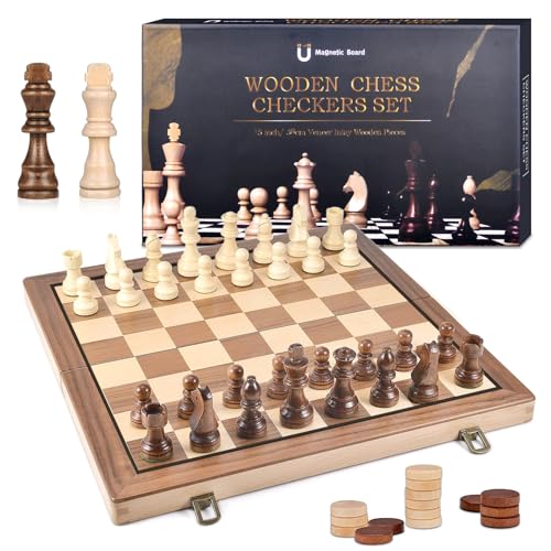 DYDHRER Schachspiel, 2 in 1 Schachbrett Holz Hochwertig, Tragbare Schachbrett, Chess Board Klappbar, Reiseschach, Schachspiel Kinder, Magnetisch Set für Party Familie Aktivitäten-39x39cm von DYDHRER
