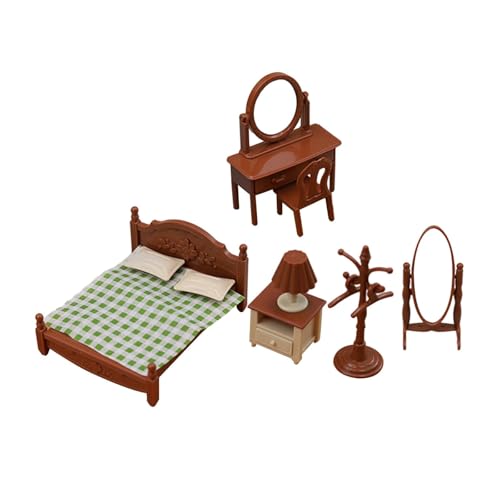 Puppenhaus Schlafzimmer Möbel Set Puppenhaus Bett Miniatur Stuhl Dressing Tisch Für Stifte Halterung Schreibtisch Durchsichtig (Brick Red, One Size) von DYKeWei