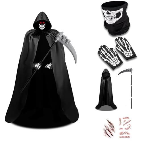 DYOUen Sensenmann Kostüm mit Totenkopf Maske Sensemann Umhang Sense und Handschuhe, Erwachsene Grim Reaper Costume für Cosplay Weihnachten Dekoration (90 CM) von DYOUen