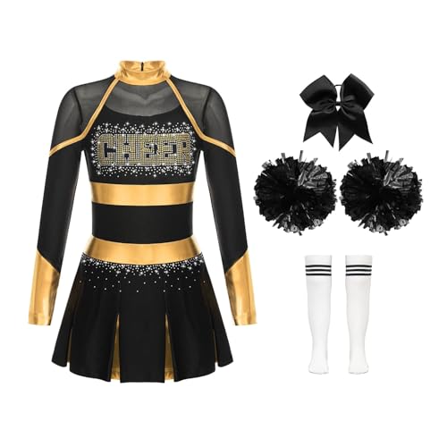 DYYEUAVT Cheerleader-Uniform, Cheerleader-Kostüm, für Kinder, Mädchen, Cheerleader-Kostüm, glitzernde Strasssteine, Cheerleader-Kostüm, Uniformen, Cheerleader-Kostüm, Goldweiß, Größe 10 von DYYEUAVT
