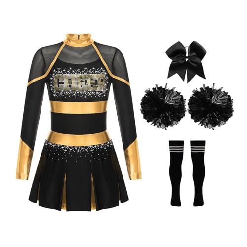 DYYEUAVT Cheerleader-Uniform, Cheerleader-Kostüm, für Kinder, Mädchen, Cheerleader-Kostüm, glitzernde Strasssteine, Cheerleader-Kostüm, Uniformen, Cheerleader-Kostüm (Gold, Schwarz, 8) von DYYEUAVT