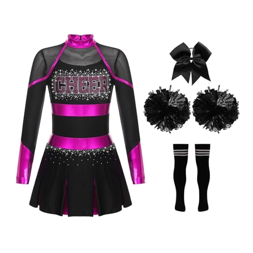 DYYEUAVT Cheerleader-Uniform, Cheerleader-Kostüm, für Kinder, Mädchen, Cheerleader-Kostüm, glitzernde Strasssteine, Cheerleader-Kostüm, Uniformen, Cheerleader-Kostüm (Hot Pink, Schwarz, 6) von DYYEUAVT