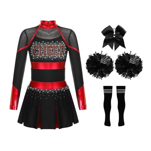 DYYEUAVT Cheerleader-Uniform, Cheerleader-Kostüm, für Kinder, Mädchen, Cheerleader-Kostüm, glitzernde Strasssteine, Cheerleader-Kostüm, Uniformen, Cheerleader-Kostüm (Rot, Schwarz, 8) von DYYEUAVT