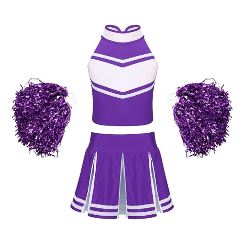 DYYEUAVT Cheerleading-Uniform, Cheerleader-Outfit für Kinder, Mädchen, ärmellos, Cheerleader-Kostüm mit Blumenbällen, Set für Bühnenauftritte, Cosplay-Tanzkleidung, Cheerleader-Kostüm (lila, 8) DYYEUAVT Cheerleading-Uniform, Cheerleader-Outfit für Kinder, Mädchen, ärmellos, Cheerleader-Kostüm mit Blumenbällen, Set für Bühnenauftritte, Cosplay-Tanzkleidung, Cheerleader-Kostüm (lila, 8) von DYYEUAVT