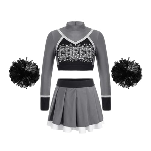 DYYEUAVT Cheerleading-Uniform, für Kinder, Schule, Mädchen, Cheerleader-Uniform, Tanz-Outfit, bauchfreies Oberteil, Blumenbälle, Cheerleader-Kostüm für Kinder, Cheerleader-Kostüm (Grau, 8) von DYYEUAVT