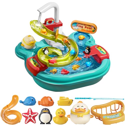 Matschküche Kinder Küchenspüle Spielzeug Set,Kinderküche Küchenspielzeug Spülbecken Spielzeug Set mit Angelspiel und Küchenzubehör,Rollenspiel Spielzeug für Kleinkinder Küchenzubehör (02) von DZAY