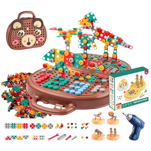 Montessori Werkzeugkasten Kinder Spielzeug Werkzeugkoffer,Kinderwerkzeug Montessori Play Toolbox mit Bohrer,Lernspielzeug Mosaik Puzzle Spielzeug mit Elektrischer Bohrschraube Werkzeug Set (Bär) von DZAY