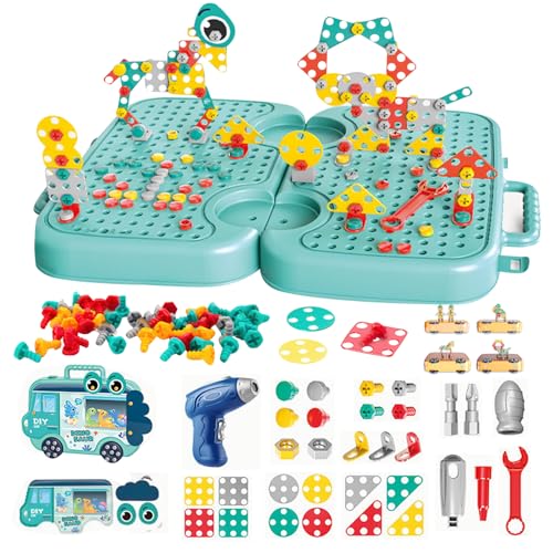 Montessori Werkzeugkasten Kinder Spielzeug Werkzeugkoffer,Kinderwerkzeug Montessori Play Toolbox mit Bohrer,Lernspielzeug Mosaik Puzzle Spielzeug mit Elektrischer Bohrschraube Werkzeug Set (Dinosaur) von DZAY