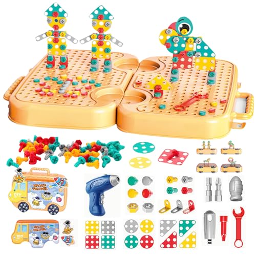 Montessori Werkzeugkasten Kinder Spielzeug Werkzeugkoffer,Kinderwerkzeug Montessori Play Toolbox mit Bohrer,Lernspielzeug Mosaik Puzzle Spielzeug mit Elektrischer Bohrschraube Werkzeug Set (Space) von DZAY