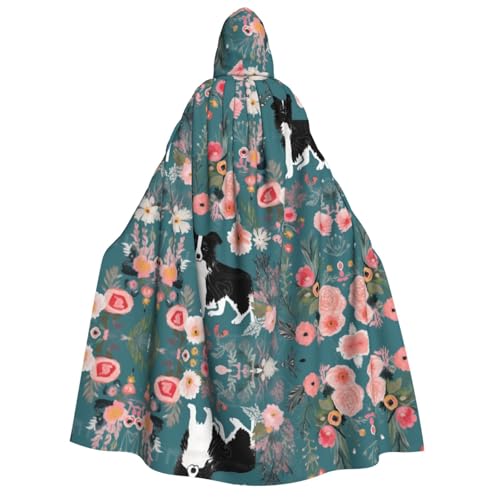 DZBDWZXH (Border Collie Florals) bedruckter Kapuzenumhang für Erwachsene, Unisex, dicker Hexenumhang mit Kapuze, Umhang für Halloween-Partys, Weihnachtskostüm von DZBDWZXH