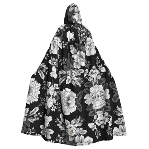 DZBDWZXH (Schwarz mit Blume) bedruckter Kapuzenumhang für Erwachsene, Unisex, Hexenumhang mit Kapuze, Umhang für Halloween-Partys, Weihnachtskostüm von DZBDWZXH