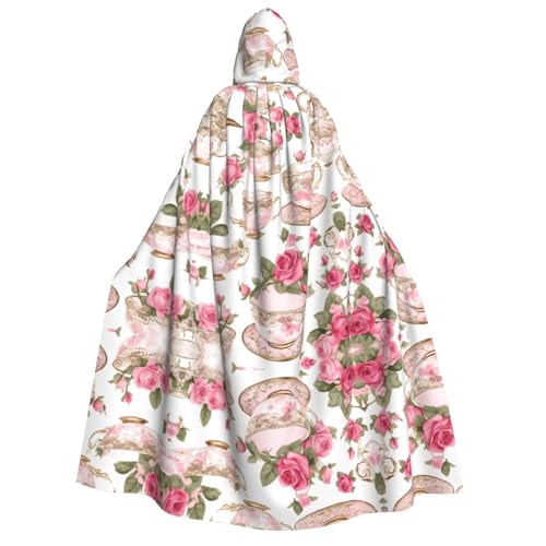DZBDWZXH (Teetassen mit Rosen, romantisch, Shabby) bedruckter Kapuzenumhang für Erwachsene, Unisex, dicker Hexenumhang mit Kapuze, Umhang für Halloween-Partys, Weihnachtskostüm von DZBDWZXH