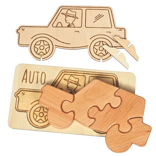 Holzpuzzle aus Buche – 4-teilig mit gravierter Schablone, nachhaltiges Massivholz – Inkl. Holzauto zum Ausmalen von DaHo-Toys