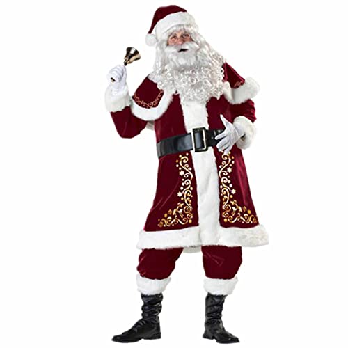 DaMuZ 7-teiliges Weihnachtsmann-Anzug Nikolauskostüm Santa Nikolaus Santa Claus ​Weihnachtsmann Kostüm Jacke Hose Mütze und Gürtel Set Weihnachtsfeier Cosplay 1,XXXXXXL=98cm von DaMuZ