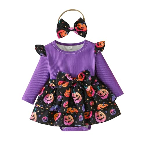 DaPongZhi Halloween Kostüm Mädchen Kürbis Kostüm Kinder Set Halloween Kleid Mit Haarreif Kürbis Kostüm Mädchen Pumpkin Costume Fancy Dress Outfits Cosplay KostüMe (Purple, 3-6 Months) von DaPongZhi