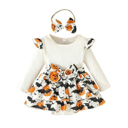 DaPongZhi Halloween Kostüm Mädchen Kürbis Kostüm Kinder Set Halloween Kleid Mit Haarreif Kürbis Kostüm Mädchen Pumpkin Costume Fancy Dress Outfits Cosplay KostüMe (White, 3-6 Months) von DaPongZhi