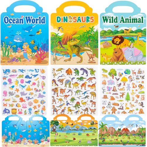 3 Stück Wiederverwendbares 3D-Stickerbuch für Kinder Reisespielzeug Stickerbuch Kleinkind Tiere,Dinosaurier,Unterwasserwelt Geeignet um die Emotionen von Kindern zu beruhigen und das Denken zu fördern von DabbOo
