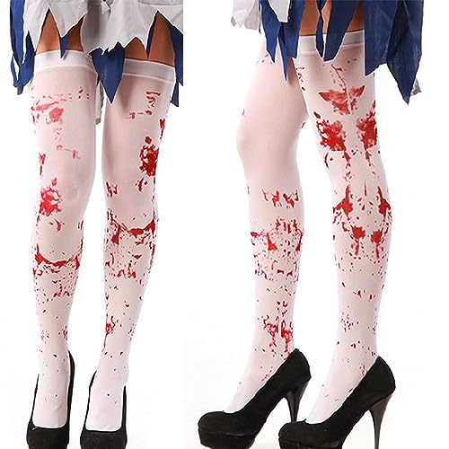 Halloween Blutsocken 2 Pairs Women Stockings High Socks For Halloween Cosplay Costume Blut Damen Strümpfe Halloween-Blutsocken Socken Over-Kniesocken für Partybevorzugung Maskerade Festival Dressup von DabbOo