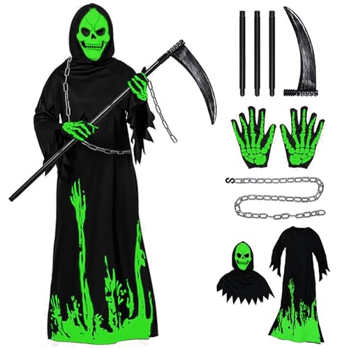 DaengGeGe Sensenmann Kostüm Kinder,Leuchtend Sensenmann Kostüm,Halloween Kostüm Kinder Sensenmann mit Gläser ketten und Maske, für Halloween Cosplay(L) DaengGeGe Sensenmann Kostüm Kinder,Leuchtend Sensenmann Kostüm,Halloween Kostüm Kinder Sensenmann mit Gläser ketten und Maske, für Halloween Cosplay(L) von DaengGeGe