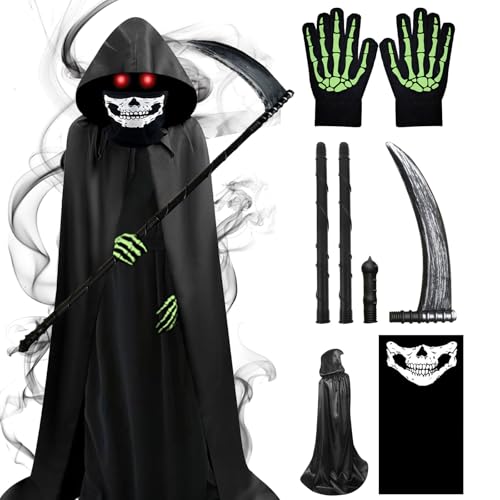DaengGeGe Sensenmann Kostüm Kinder, 80cm Halloween Grim Reaper Kostüm Kinder, Schädelmaske Set mit 80 cm Reaper Umhang, Sense, Maske, Handschuhe, mit Kapuze für Halloween, Karneval Cosplay DaengGeGe Sensenmann Kostüm Kinder, 80cm Halloween Grim Reaper Kostüm Kinder, Schädelmaske Set mit 80 cm Reaper Umhang, Sense, Maske, Handschuhe, mit Kapuze für Halloween, Karneval Cosplay von DaengGeGe