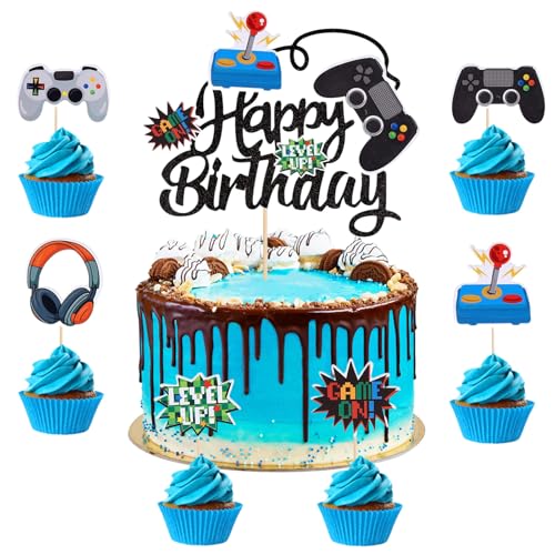 37 Stück Videospiel Tortendeko Geburtstag,Playstation Tortendeko,Gaming Cake Topper,Glitzer Spielkonsolen Thema Torten Deko, Cupcake Topper für Kindergeburtstag Videospiel Party von DaengGeGe