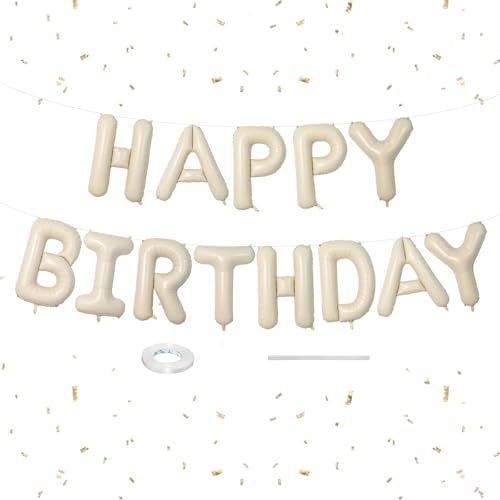 Dagelar Happy Birthday Luftballons Banner Beige, 16 Zoll Creme weiß Mylar Folie Buchstaben Geburtstag Zeichen Banner Wimpel für Jungen Mädchen Männer Frauen Geburtstag Party Zubehör Dekoration von Dagelar