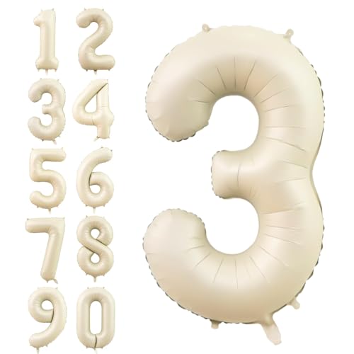 Dagelar Zahlen Luftballon Beige,40 Zoll Nummer 3 Helium Luftballon,Groß Sand Weiß Folienballon Zahl 3 Geburtstagsdeko für Junge Mädchen Mann Frau Geburtstags Jubiläum Party Deko von Dagelar