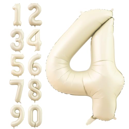 Dagelar Zahlen Luftballon Beige,40 Zoll Nummer 4 Helium Luftballon,Groß Sand Weiß Folienballon Zahl 4 Geburtstagsdeko für Junge Mädchen Mann Frau Geburtstags Jubiläum Party Deko von Dagelar