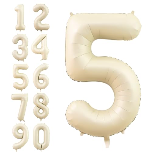 Dagelar Zahlen Luftballon Beige,40 Zoll Nummer 5 Helium Luftballon,Groß Sand Weiß Folienballon Zahl 5 Geburtstagsdeko für Junge Mädchen Mann Frau Geburtstags Jubiläum Party Deko von Dagelar