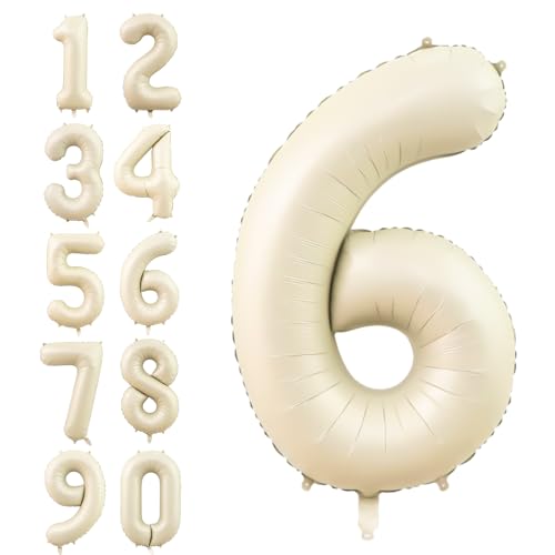 Dagelar Zahlen Luftballon Beige,40 Zoll Nummer 6 Helium Luftballon,Groß Sand Weiß Folienballon Zahl 6 Geburtstagsdeko für Junge Mädchen Mann Frau Geburtstags Jubiläum Party Deko von Dagelar