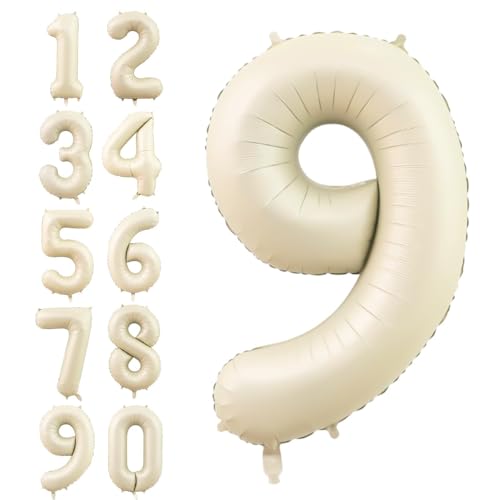 Dagelar Zahlen Luftballon Beige,40 Zoll Nummer 9 Helium Luftballon,Groß Sand Weiß Folienballon Zahl 9 Geburtstagsdeko für Junge Mädchen Mann Frau Geburtstags Jubiläum Party Deko von Dagelar