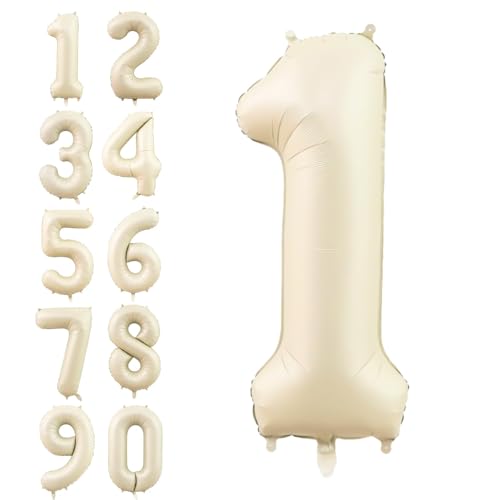 Zahlen Luftballon Beige,40 Zoll Nummer 1 Helium Luftballon,Groß Sand Weiß Folienballon Zahl 1 Geburtstagsdeko für Junge Mädchen Mann Frau Geburtstags Jubiläum Party Deko von Dagelar