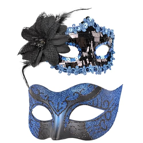 Daieeparty 2 x Paar-Maskenmaske für Damen und Herren, glänzende venezianische Maske, Halloween-Maske für Party, Abschlussball, Ball, Kostüm, Maske (Schwarzblau) von Daieeparty