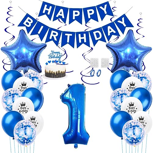 Daimay 1. Geburtstag Dekorationen Blau Geburtstagsdeko Mann Frauen Happy Birthday Banner Konfetti Luftballons Nummer Folienballons Stern Mylar Ballon Tortendeko für 1 Jahre Geburtstagsdeko von Daimay