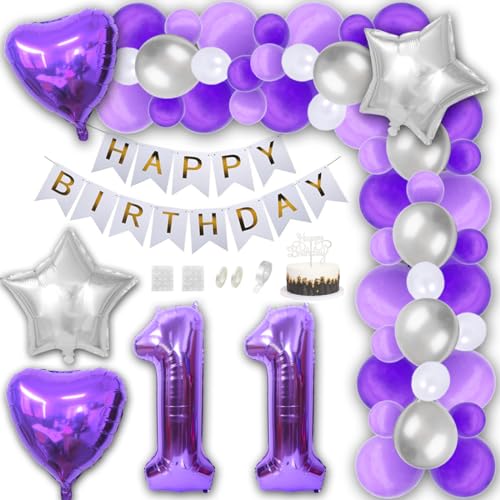 Daimay 11 Jahr Geburtstag Deko Männer Frauen Lila Geburtstagsdeko Silber Happy Birthday Banner Geburtstag Nummer Folienballons Weiß Latex Luftballons Tortenaufsatz von Daimay