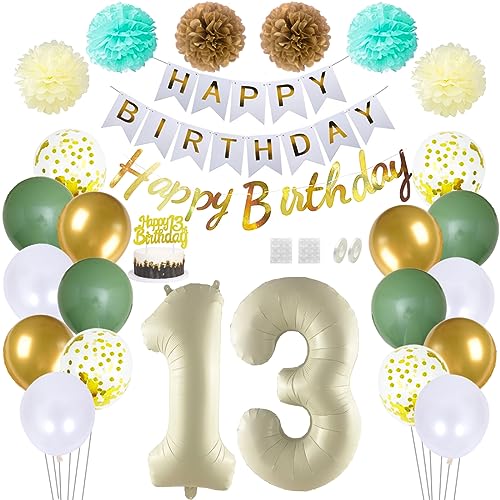 Daimay 13 Geburtstag Deko Frauen Mann Grün Beige Geburtstag Luftballon Dekoration Gold Weiß Party Deco Happy Birthday Girlande 13 Jahr Geburtstagdeko Ballons Pompons Konfetti Luftballons Tortenaufsatz von Daimay