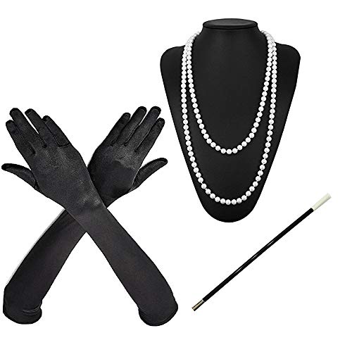 Daimay 1920s Damen Gatsby Kostüm Accessoires 20er Jahre Flapper Kostüm 3 Stck Perlenkette Satin Handschuhe Zigarettenspitze - Schwarz von Daimay