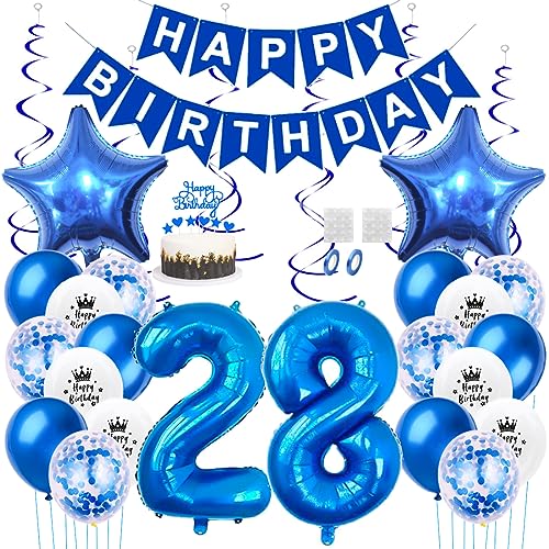 Daimay 28. Geburtstag Dekorationen Blau Geburtstagsdeko Mann Frauen Happy Birthday Banner Konfetti Luftballons Nummer Folienballons Stern Mylar Ballon Tortendeko für 28 Jahre Geburtstagsdeko von Daimay