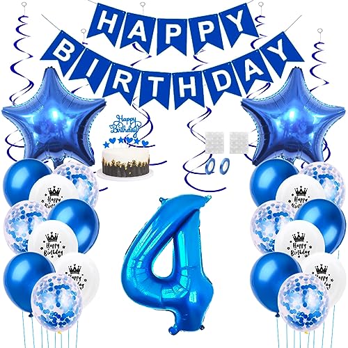 Daimay 4. Geburtstag Dekorationen Blau Geburtstagsdeko Mann Frauen Happy Birthday Banner Konfetti Luftballons Nummer Folienballons Stern Mylar Ballon Tortendeko für 4 Jahre Geburtstagsdeko von Daimay