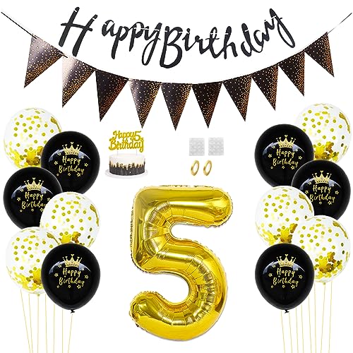 Daimay 5. Geburtstag Dekorationen Schwarz Gold Geburtstagsdeko Mann Frauen Happy Birthday Banner Konfetti Luftballons Nummer Folienballons Geburtstag Tortendeko für 5 Jahre Geburtstagsdeko von Daimay