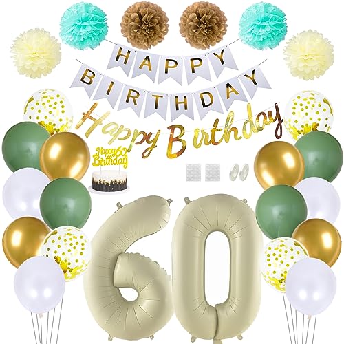 Daimay 60 Geburtstag Deko Frauen Mann Grün Beige Geburtstag Luftballon Dekoration Gold Weiß Party Deco Happy Birthday Girlande 60 Jahr Geburtstagdeko Ballons Pompons Konfetti Luftballons Tortenaufsatz von Daimay