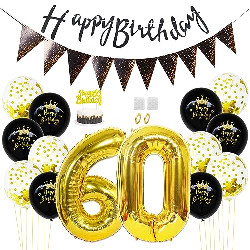 Daimay 60. Geburtstag Dekorationen Schwarz Gold Geburtstagsdeko Mann Frauen Happy Birthday Banner Konfetti Luftballons Nummer Folienballons Geburtstag Tortendeko für 60 Jahre Geburtstagsdeko von Daimay
